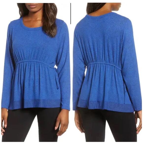 Caslon Tops - Nordstrom Caslon Blue Crewneck Long Sleeve Drawstring Peplum Blouse Size Medium